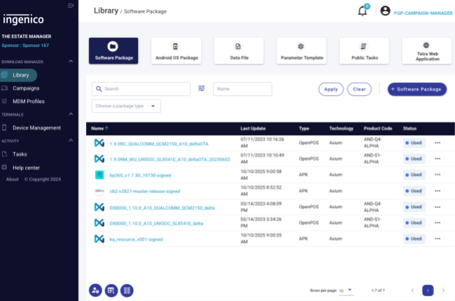 Software Library / Software Package screen