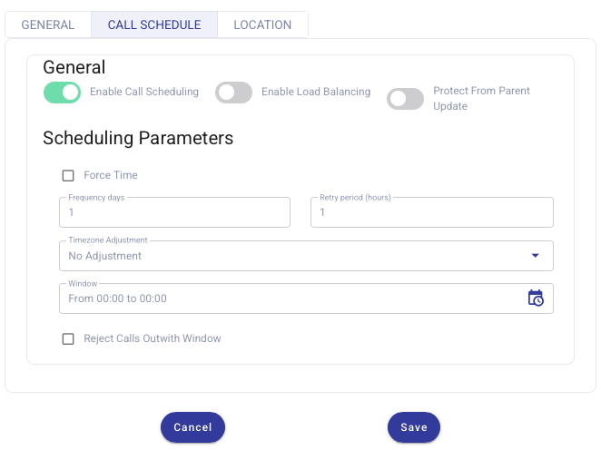 Call Schedule tab and scheduling parameters