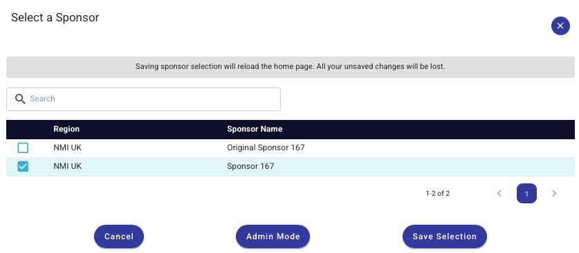 Select a Sponsor dialog