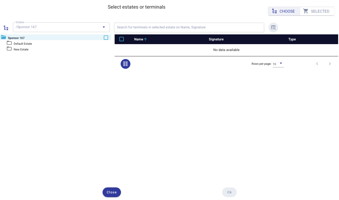 Select estates or terminals (add targets) dialog