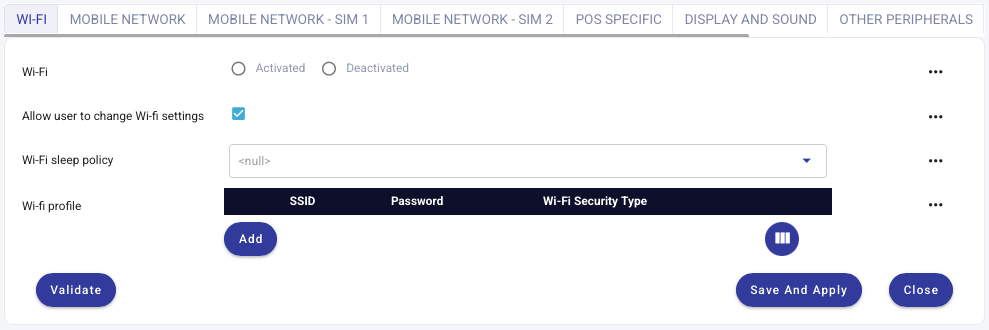 MDM profile Wi-Fi settings tabs