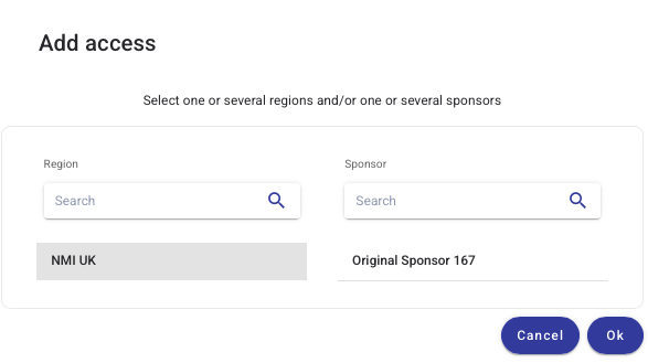 Add access (region / sponsor) dialog