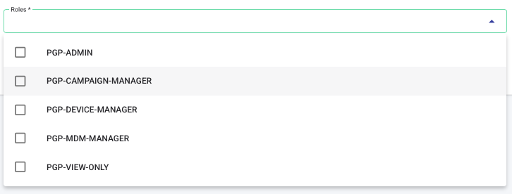 Roles dropdown listing the PGP roles